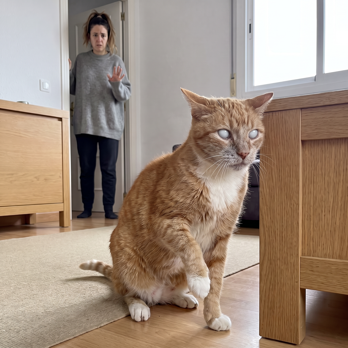 Gato mayor ciego chocando con un mueble
