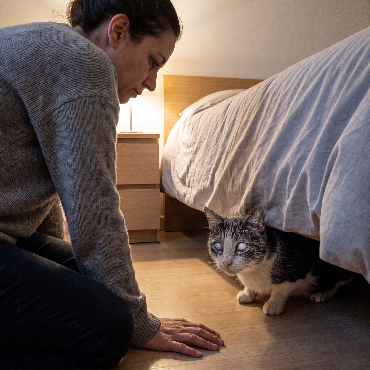 Gato ciego escondido debajo de la cama